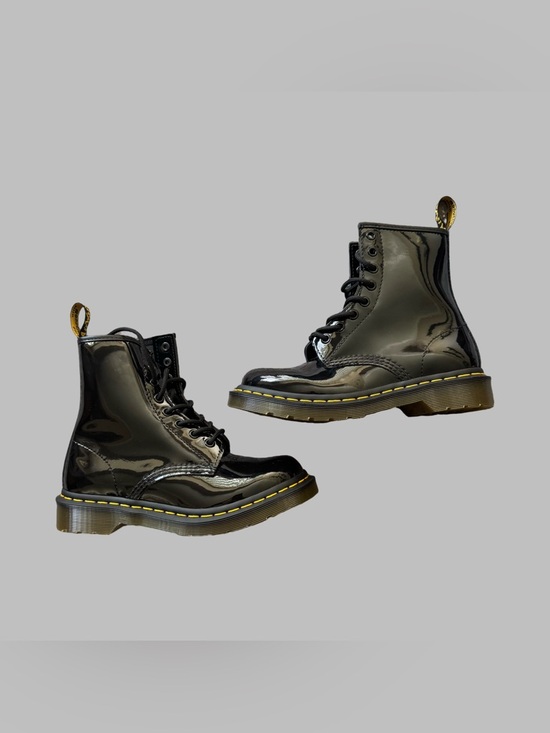 Dr. Martens Shoes - Dr. Martens Black Patent Lace-Up Combat Boots with Yellow Stitching